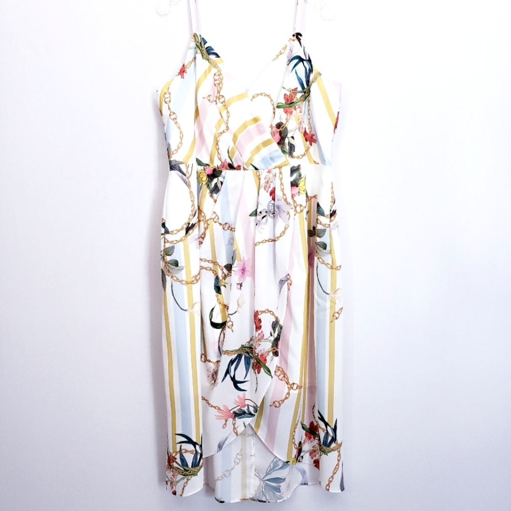City Chic Nwt White Floral/ Stripe/ Gold Chains Primavera Dress